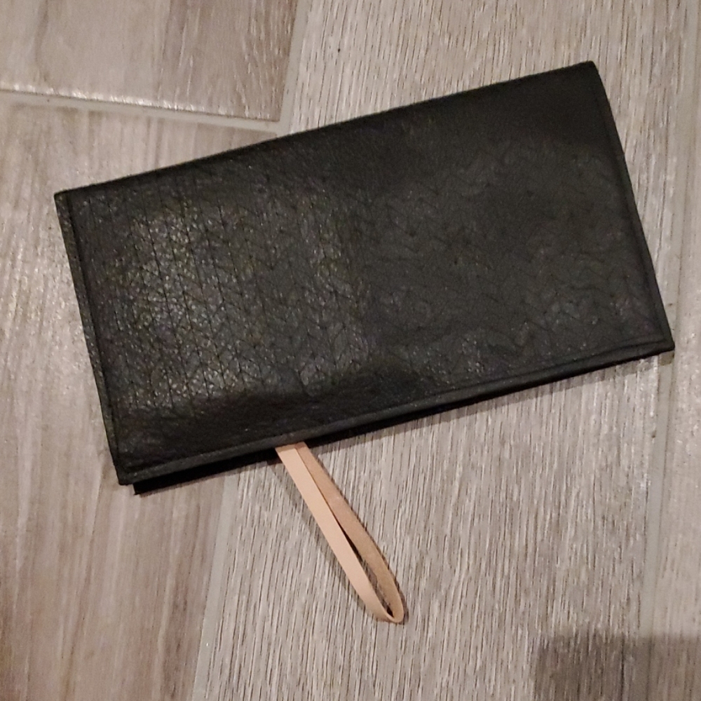 Black Leather Women's Clutch Wallet with Beige Wrist Strap